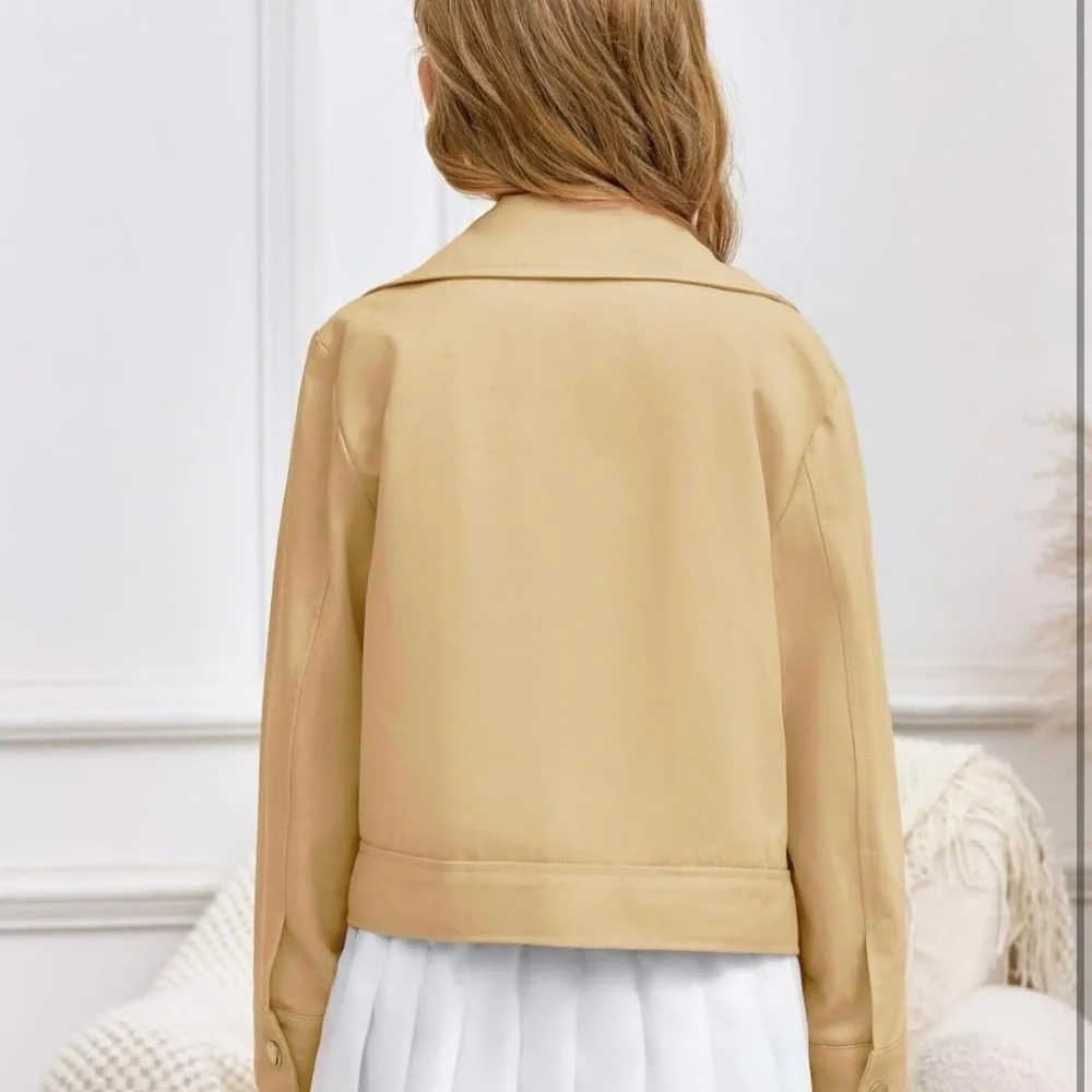 Girls Button Down Crop Jackets Kids Lapel Outerwear Clothes with Chest Pockets